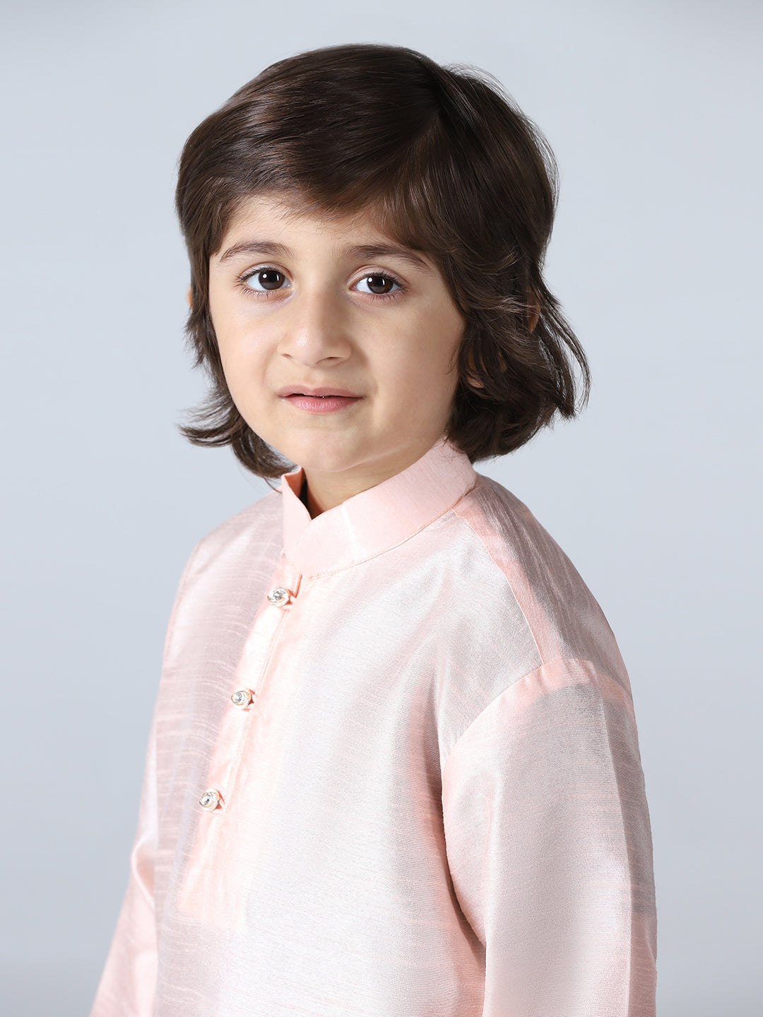 Boys Peach Mandarin Collar Regular Kurta Sets