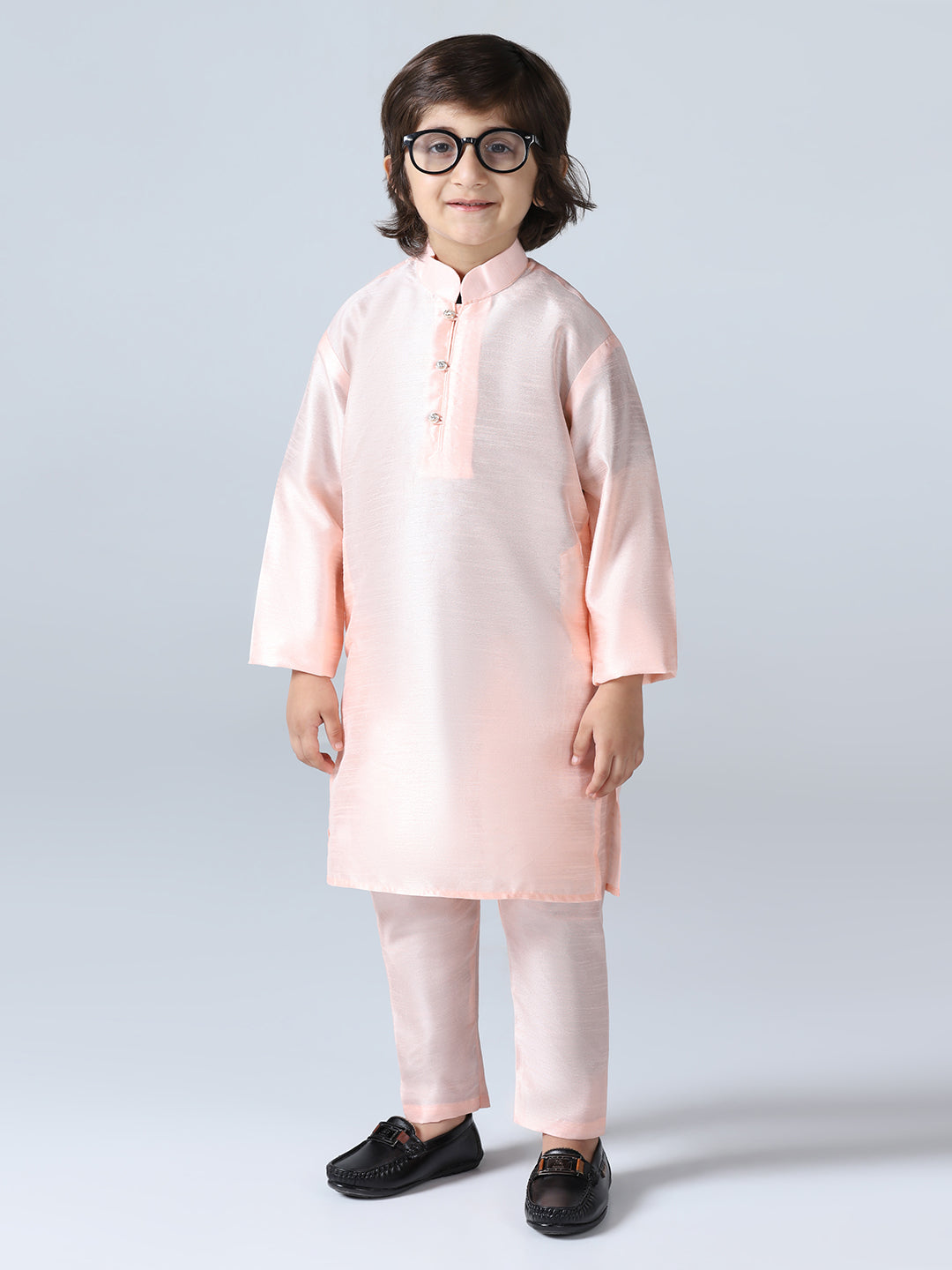 Boys Peach Mandarin Collar Regular Kurta Sets