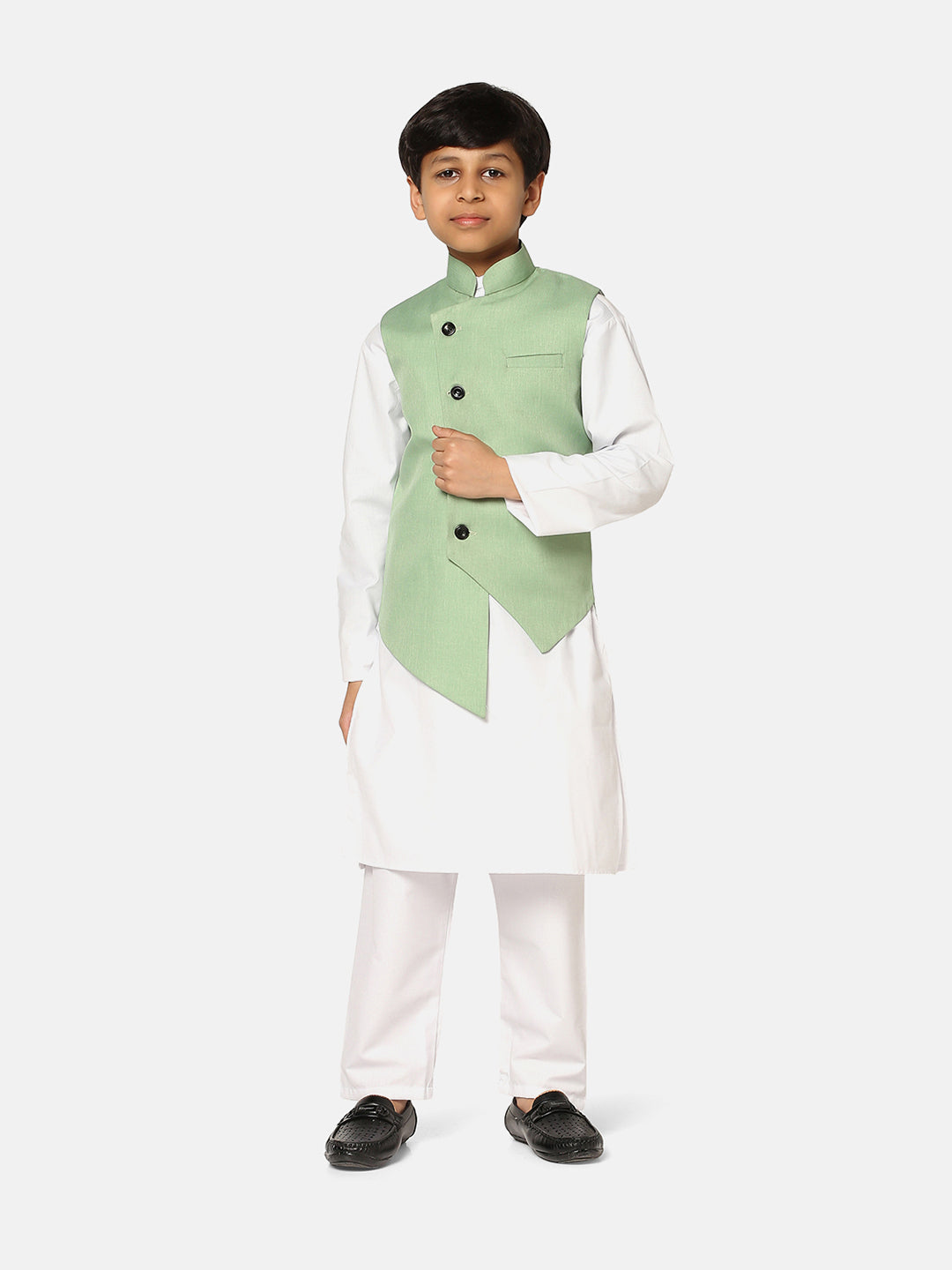 Green Jacket With White Kurta Pyjama - Tututree