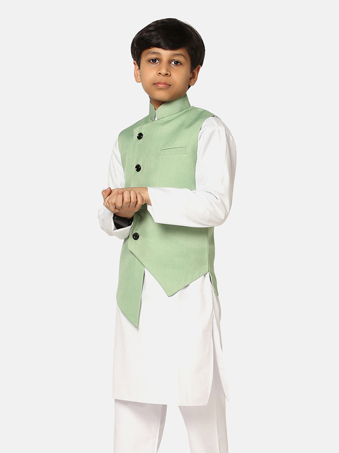 Green Jacket With White Kurta Pyjama - Tututree