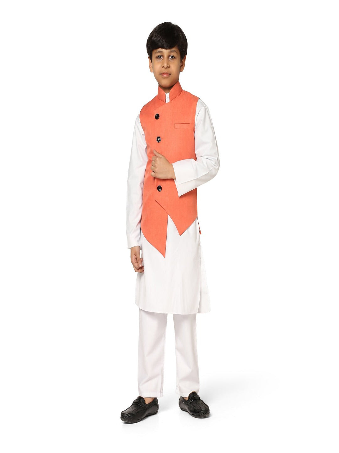 Peach Angrakha Jkt With White Kurta Set - Tahvo India