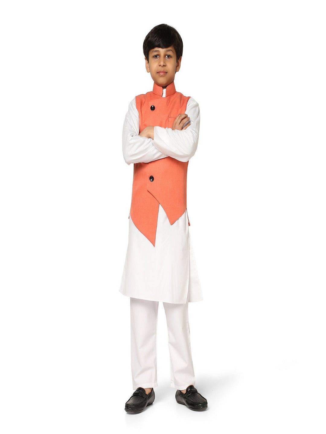 Peach Angrakha Jkt With White Kurta Set - Tahvo India