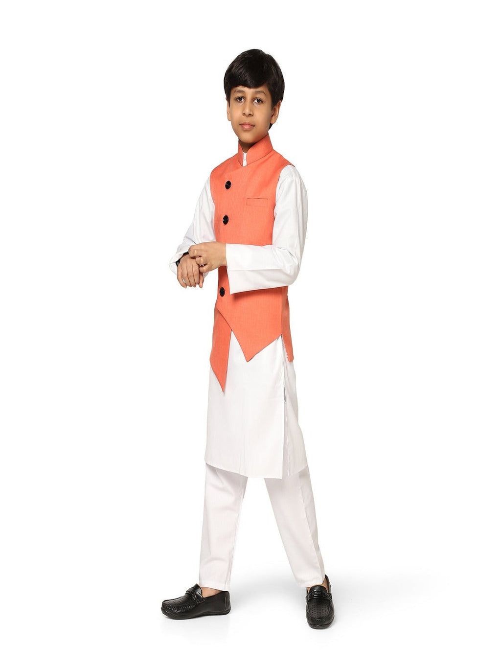 Peach Angrakha Jkt With White Kurta Set - Tahvo India