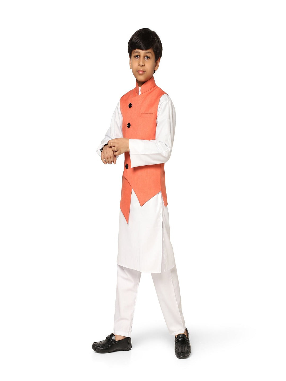 Peach Angrakha Jkt With White Kurta Set - Tahvo India