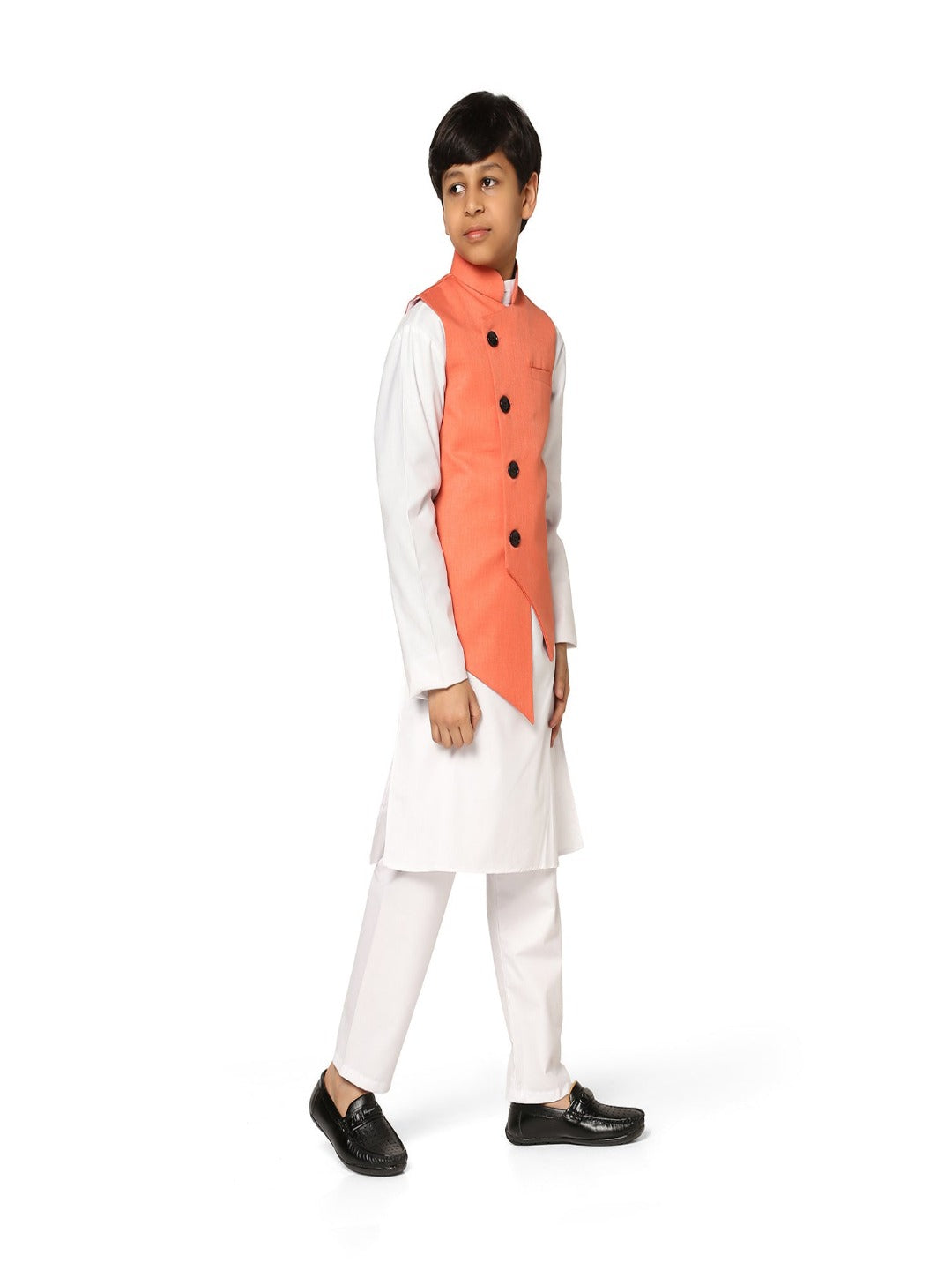 Peach Angrakha Jkt With White Kurta Set - Tahvo India