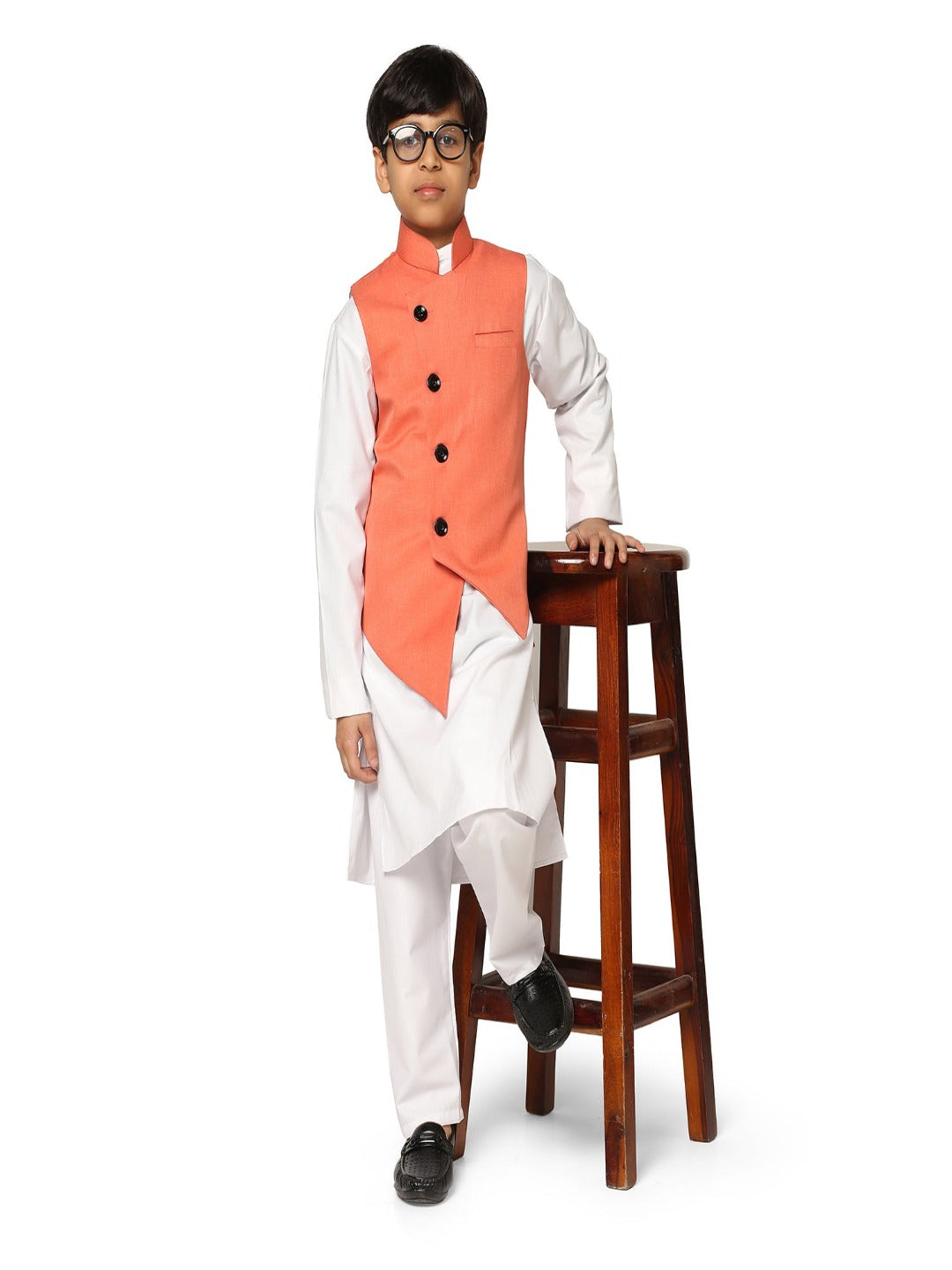 Peach Angrakha Jkt With White Kurta Set - Tahvo India