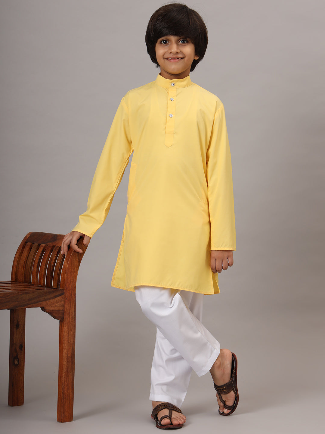 Boys Yellow Solid Kurta Set - Tahvo India