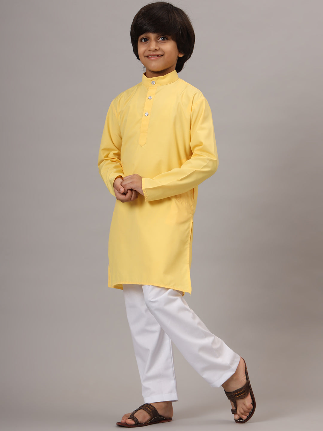 Boys Yellow Solid Kurta Set - Tahvo India