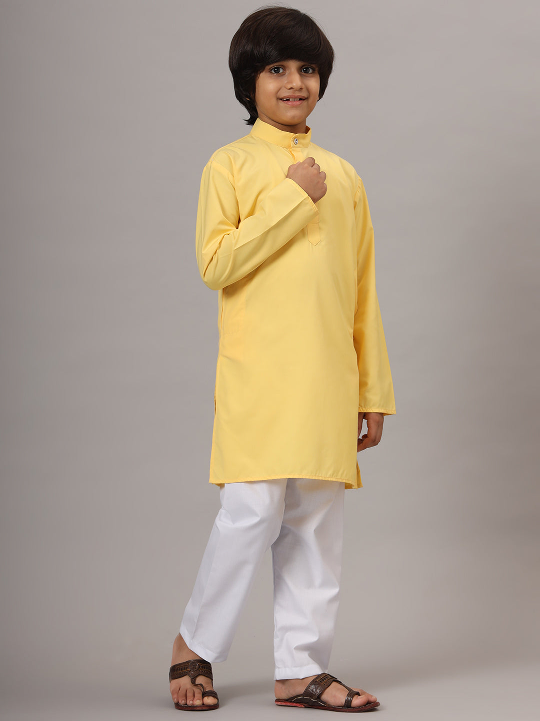 Boys Yellow Solid Kurta Set - Tahvo India