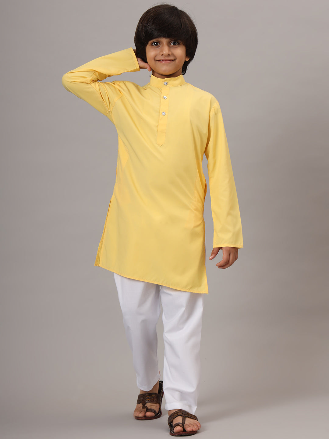 Boys Yellow Solid Kurta Set - Tahvo India