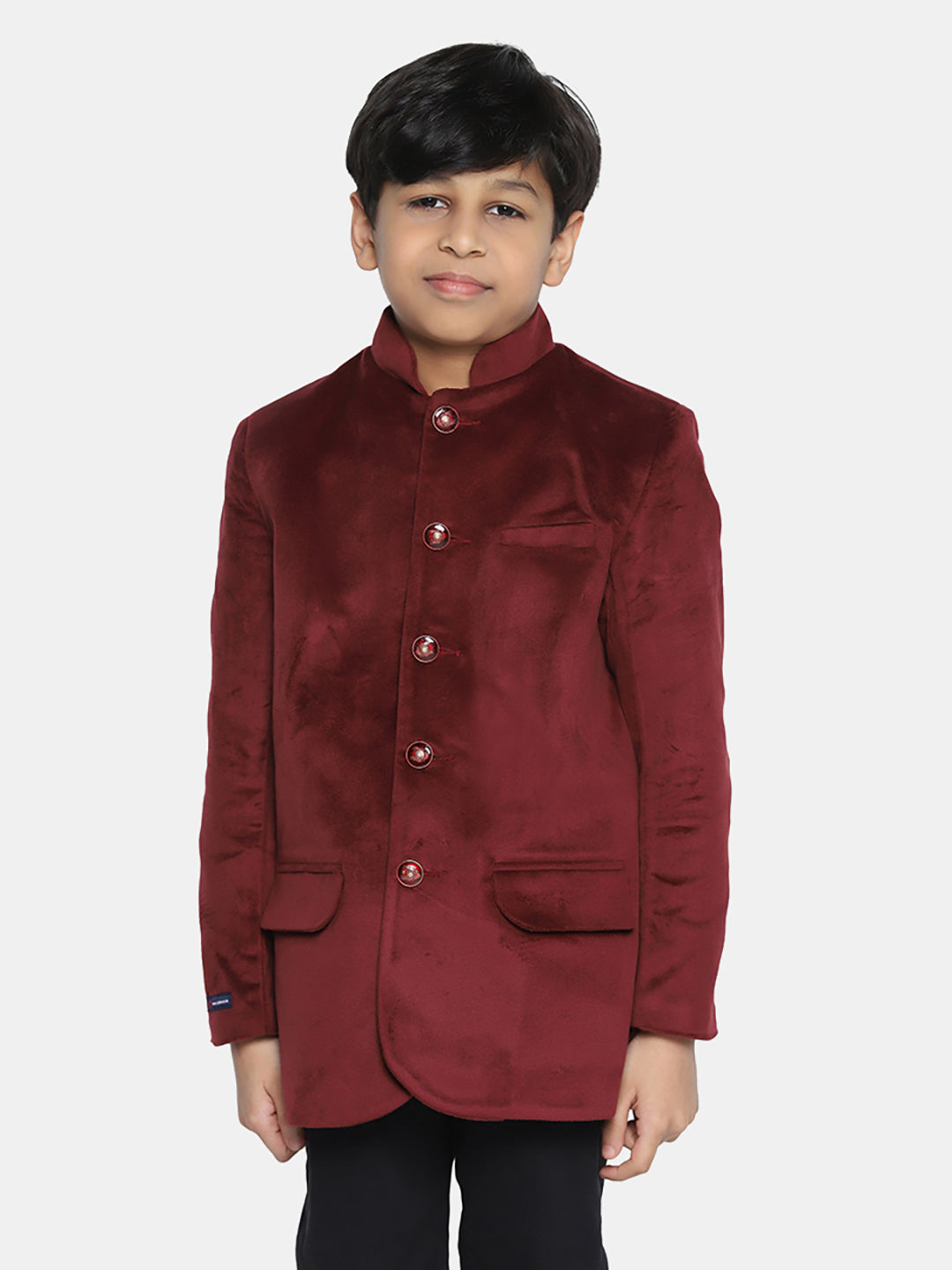 Kids Maroon Velvet Bandgala Blazer - Tahvo India
