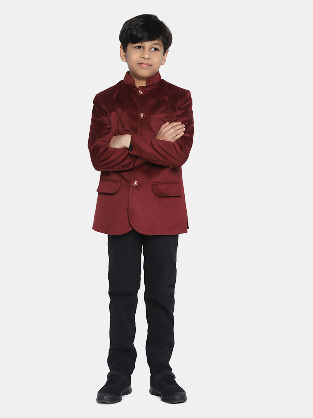 Kids Maroon Velvet Bandgala Blazer - Tahvo India