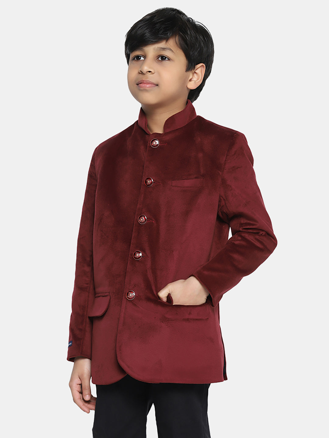 Kids Maroon Velvet Bandgala Blazer - Tahvo India