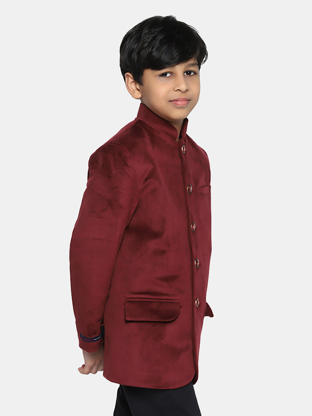 Kids Maroon Velvet Bandgala Blazer - Tahvo India