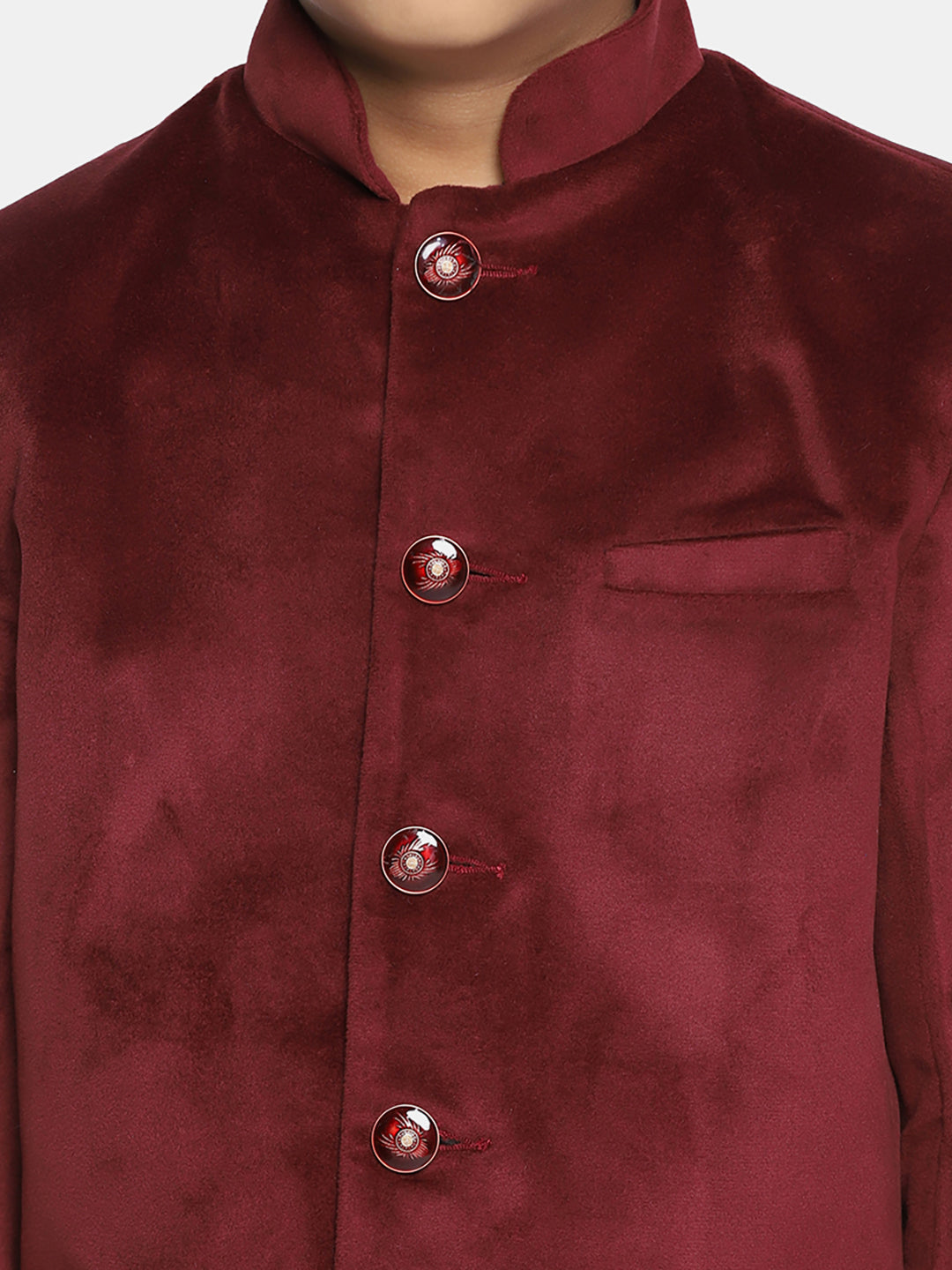 Kids Maroon Velvet Bandgala Blazer - Tahvo India