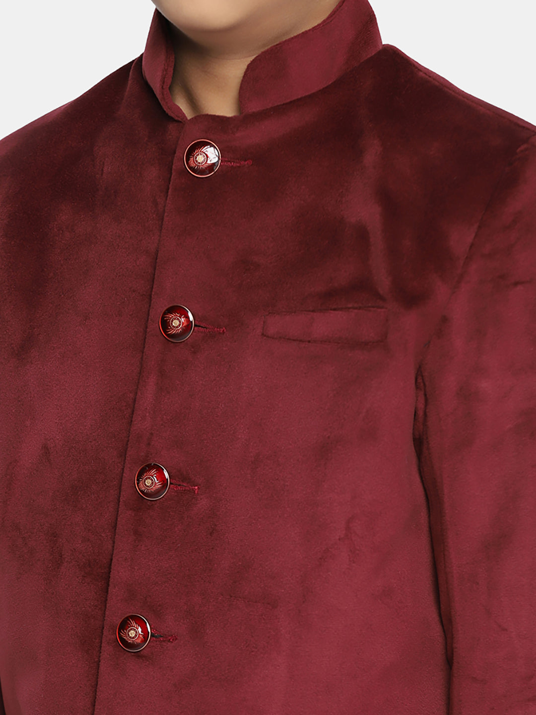 Kids Maroon Velvet Bandgala Blazer - Tahvo India