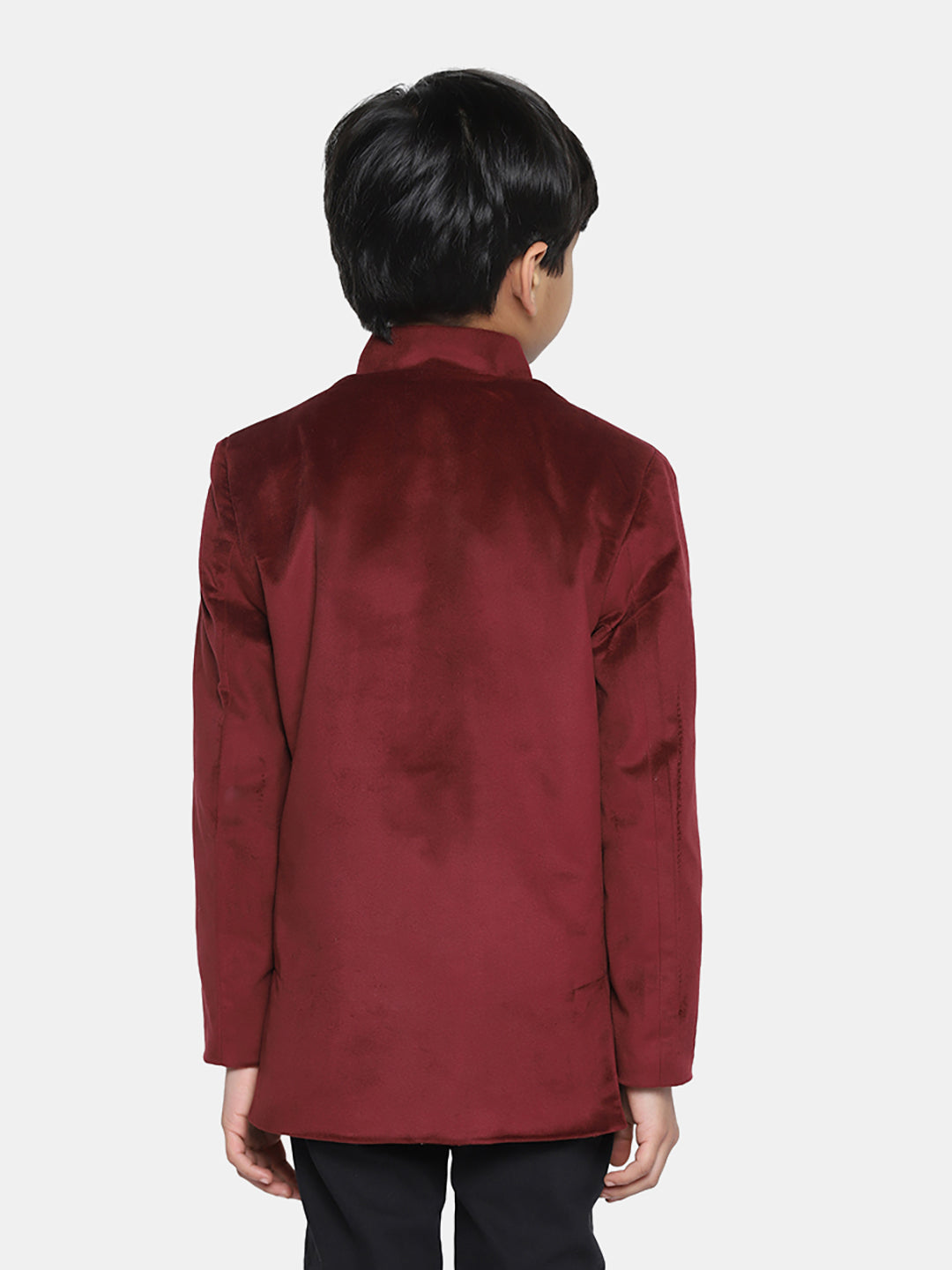 Kids Maroon Velvet Bandgala Blazer - Tahvo India