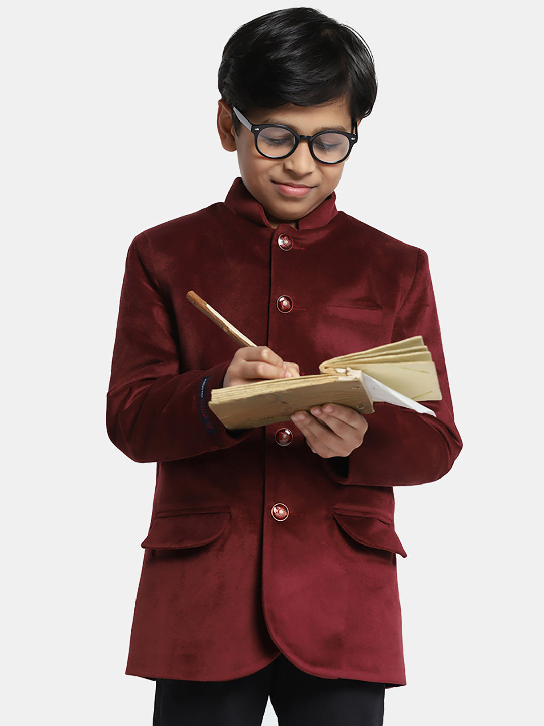 Kids Maroon Velvet Bandgala Blazer - Tahvo India