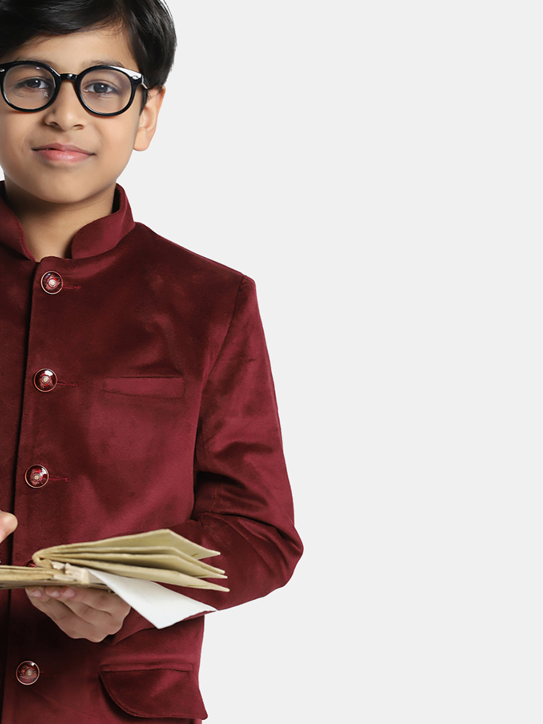 Kids Maroon Velvet Bandgala Blazer - Tahvo India