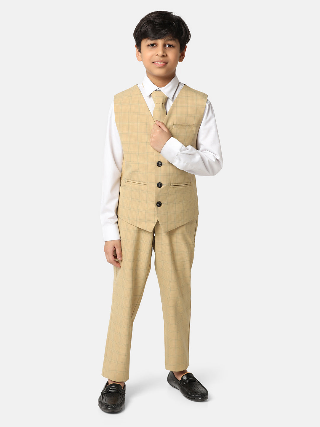 Boys Beige 3 Piece Set With Tie - Tahvo India