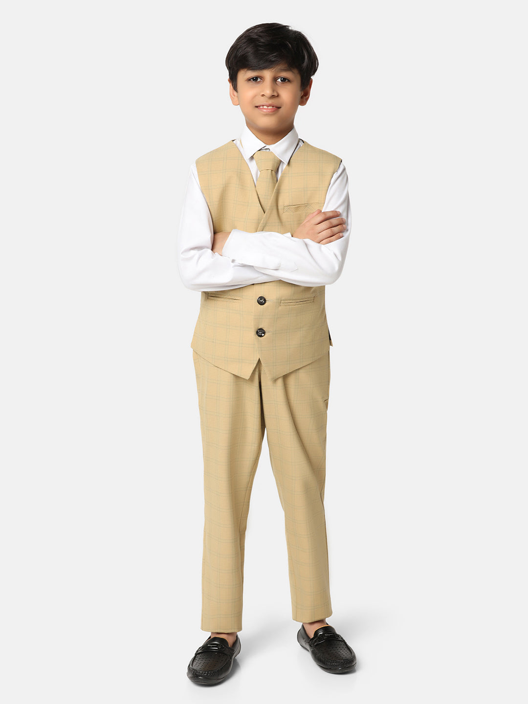 Boys Beige 3 Piece Set With Tie - Tahvo India