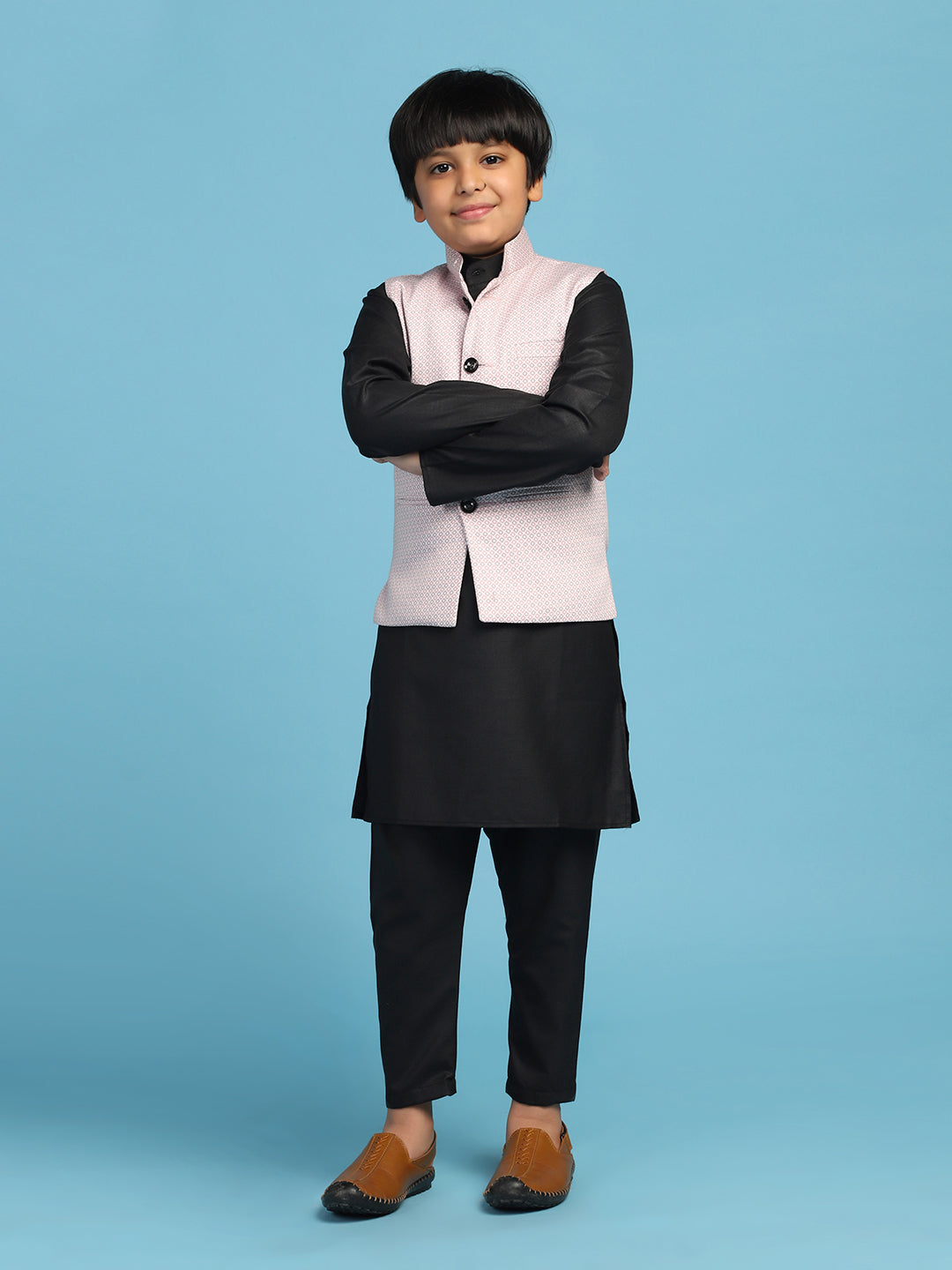 Pink Dotted Jacket With Black Kurta Set - Tahvo India