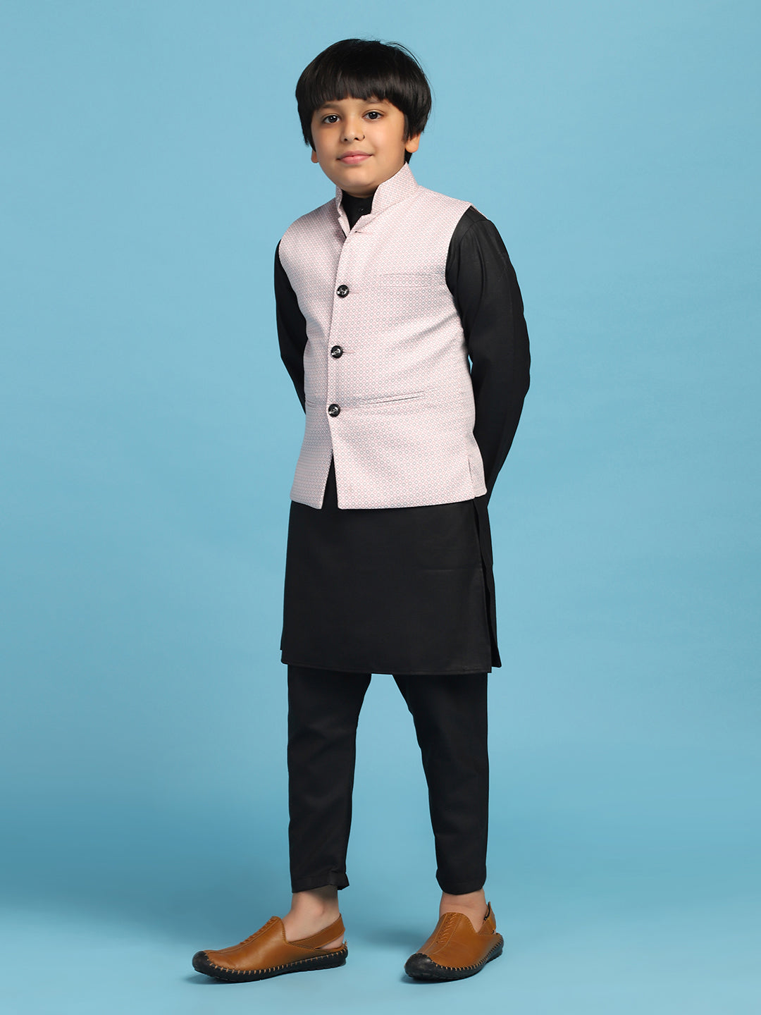 Pink Dotted Jacket With Black Kurta Set - Tahvo India