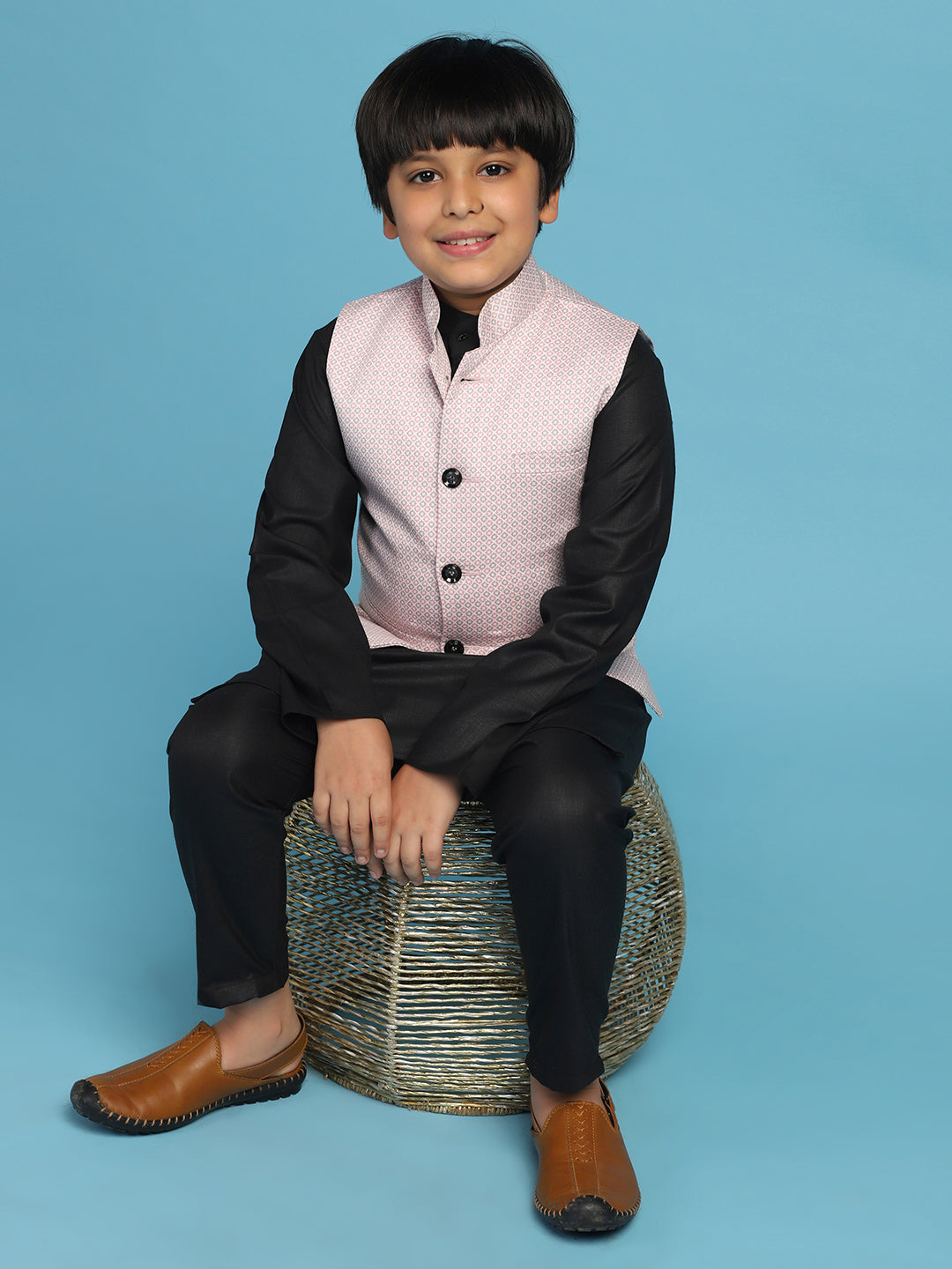 Pink Dotted Jacket With Black Kurta Set - Tututree