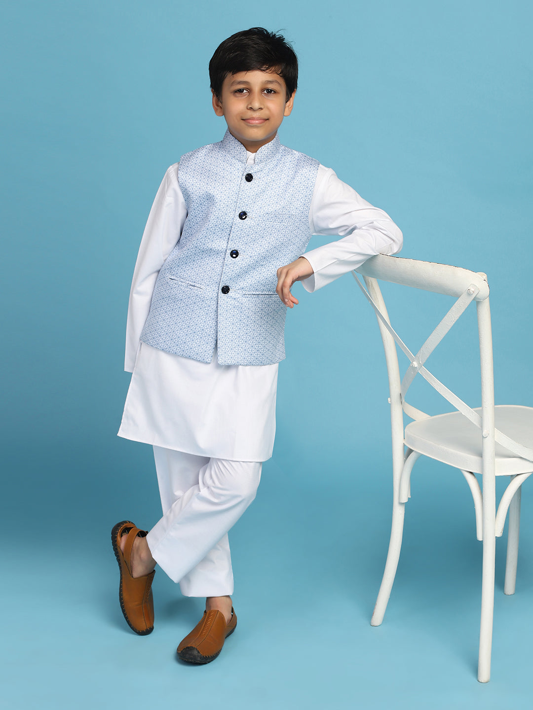 Light Blue Printed Jacket With White Kurta Set - Tututree