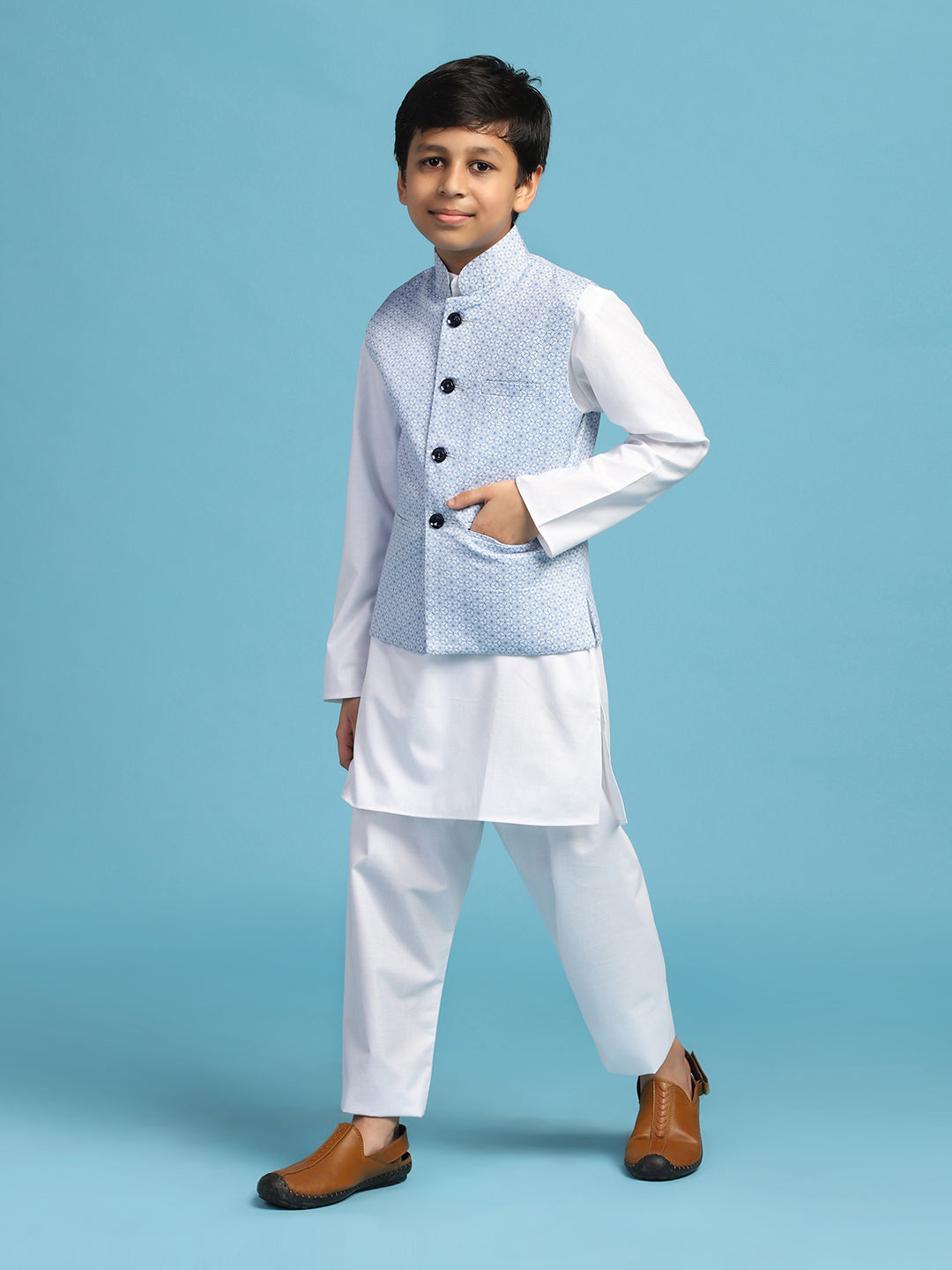 Light Blue Printed Jacket With White Kurta Set - Tahvo India