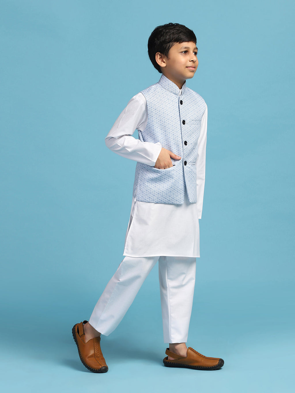 Light Blue Printed Jacket With White Kurta Set - Tahvo India