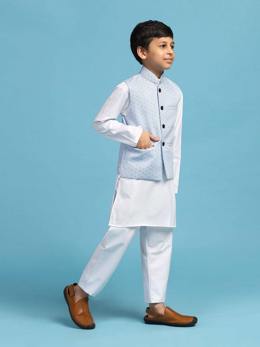 Light Blue Printed Jacket With White Kurta Set - Tahvo India
