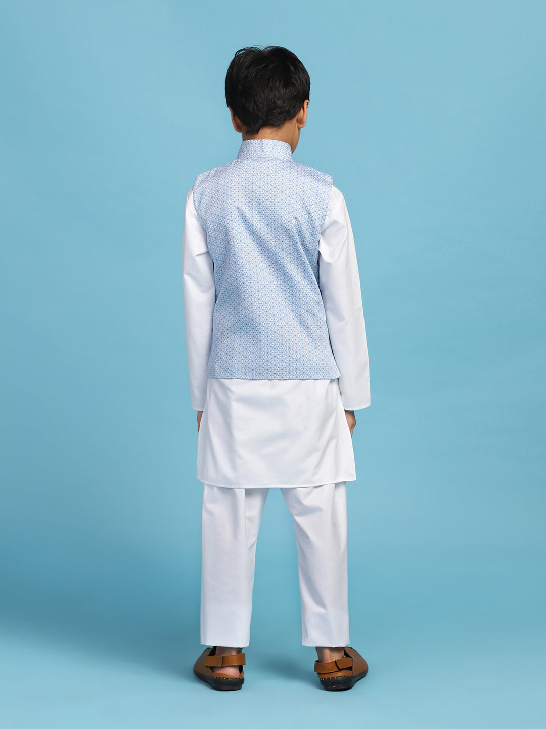 Light Blue Printed Jacket With White Kurta Set - Tahvo India