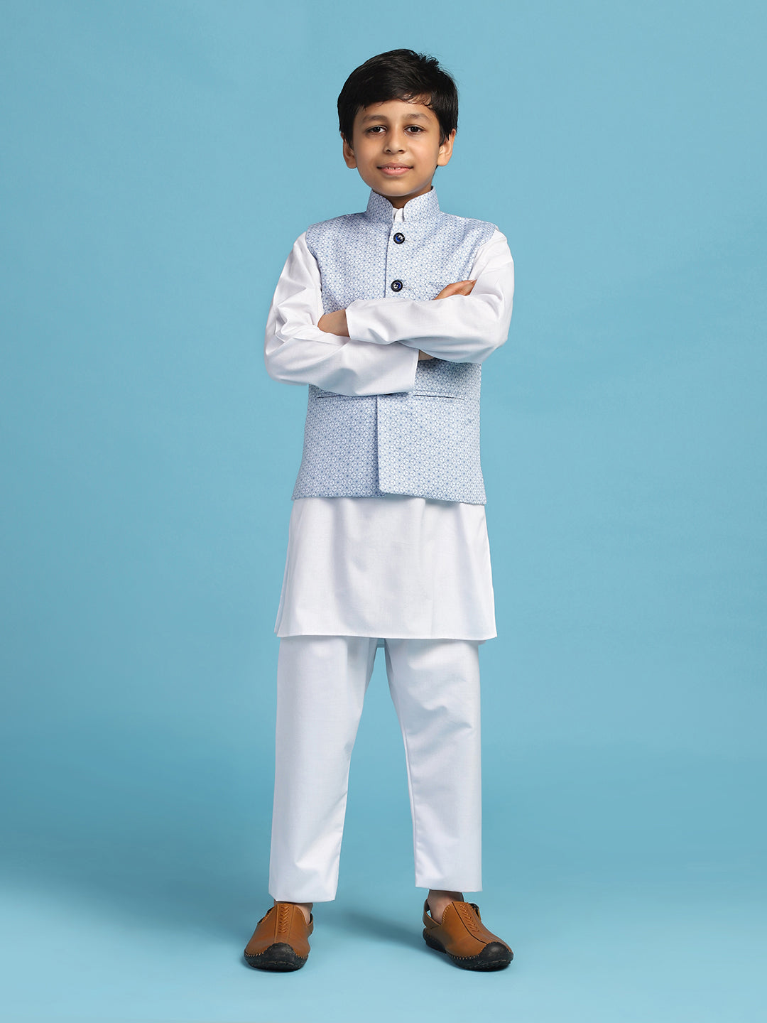 Light Blue Printed Jacket With White Kurta Set - Tututree