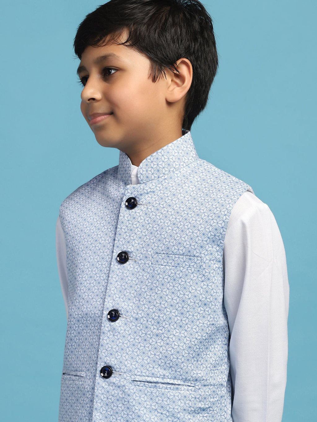 Light Blue Printed Jacket With White Kurta Set - Tahvo India