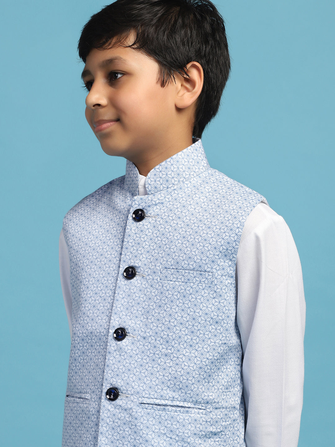 Light Blue Printed Jacket With White Kurta Set - Tahvo India