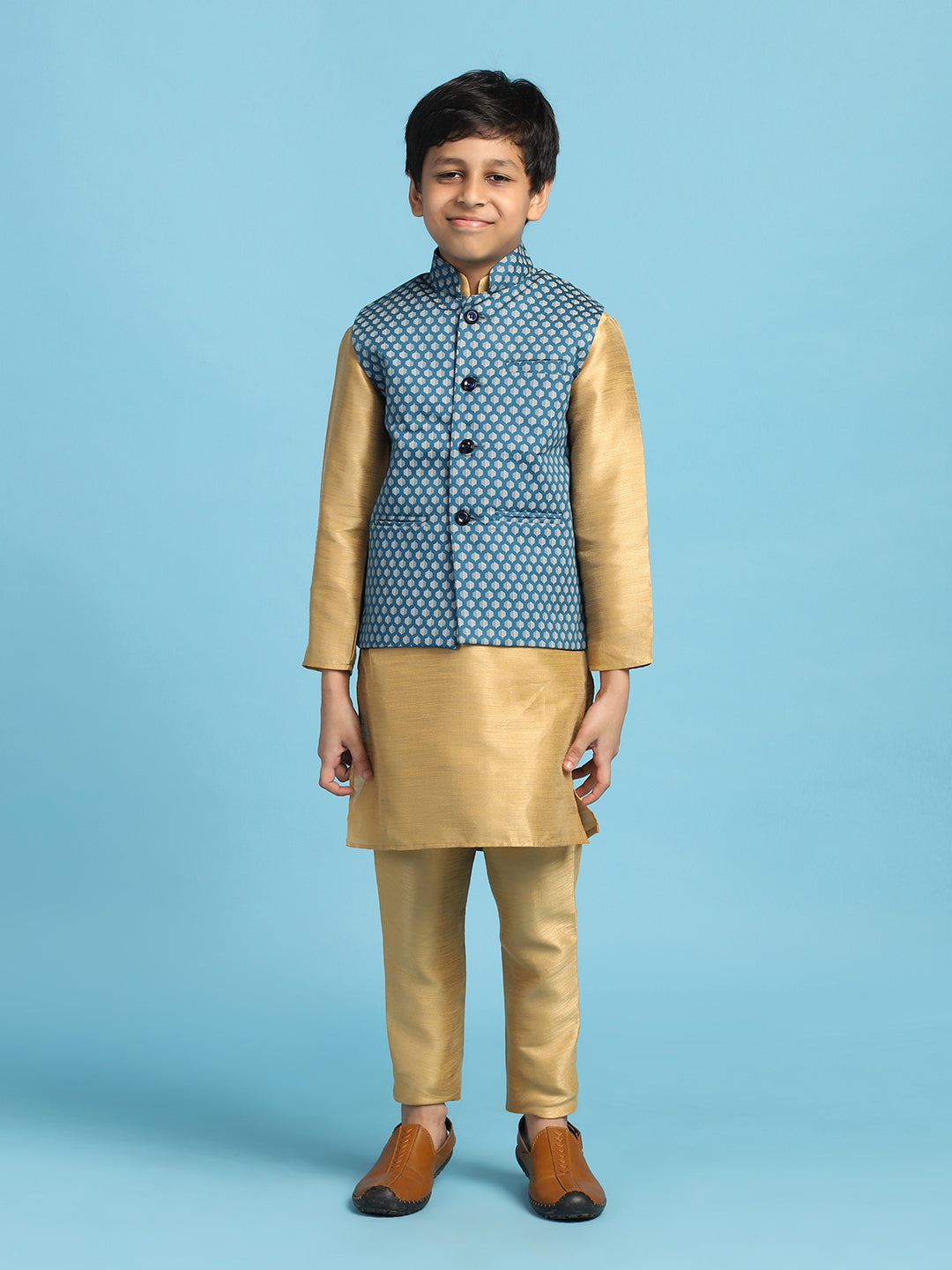Blue Printed Jacket With Golden Dupion Kurta Set - Tahvo India