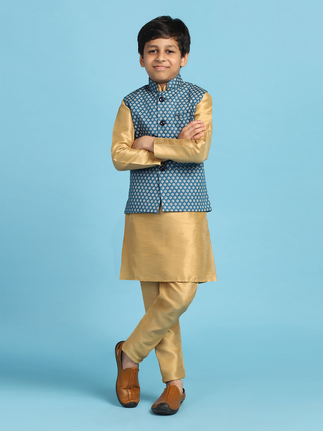Blue Printed Jacket With Golden Dupion Kurta Set - Tahvo India