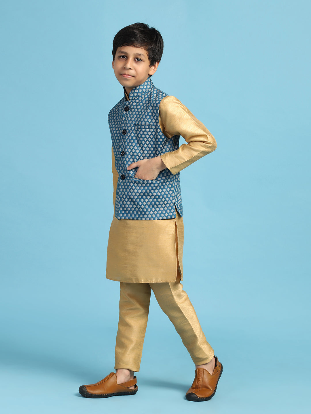Blue Printed Jacket With Golden Dupion Kurta Set - Tahvo India