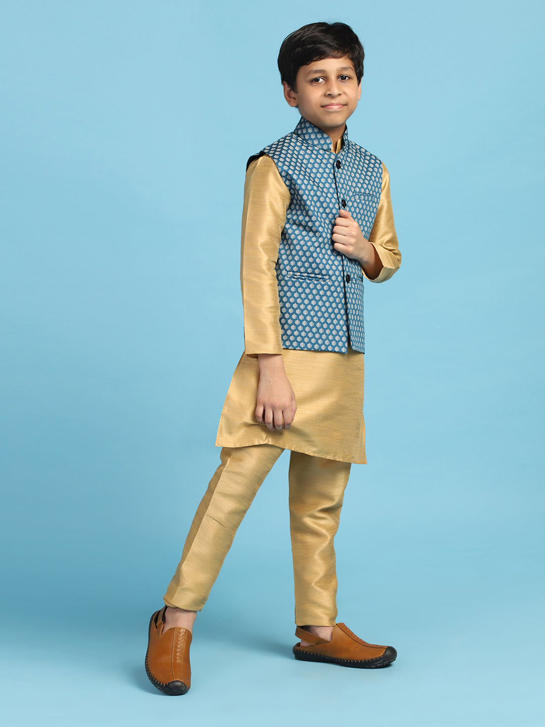 Blue Printed Jacket With Golden Dupion Kurta Set - Tahvo India