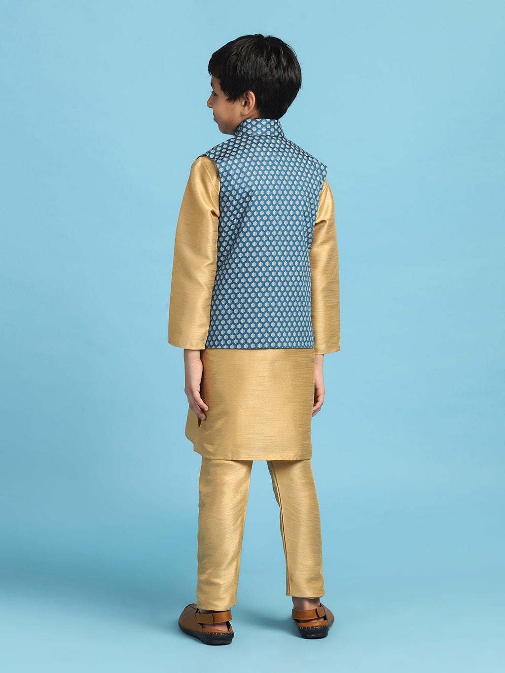 Blue Printed Jacket With Golden Dupion Kurta Set - Tahvo India