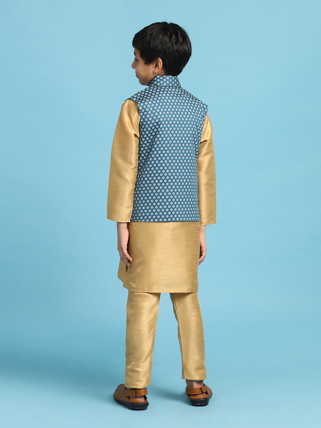Blue Printed Jacket With Golden Dupion Kurta Set - Tahvo India
