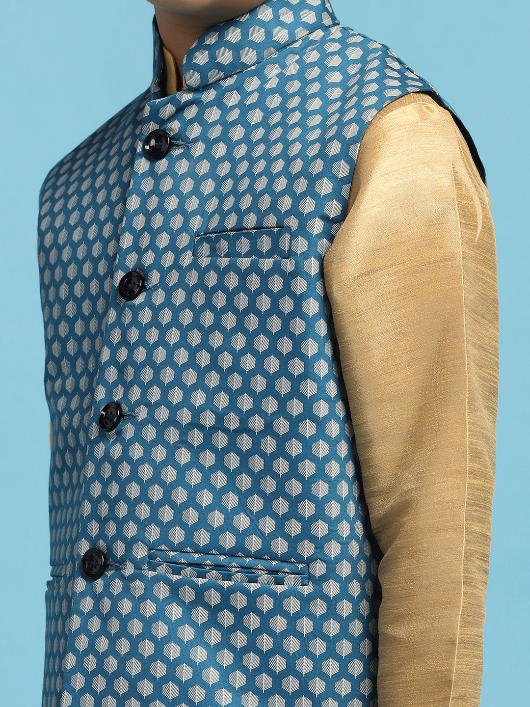 Blue Printed Jacket With Golden Dupion Kurta Set - Tahvo India