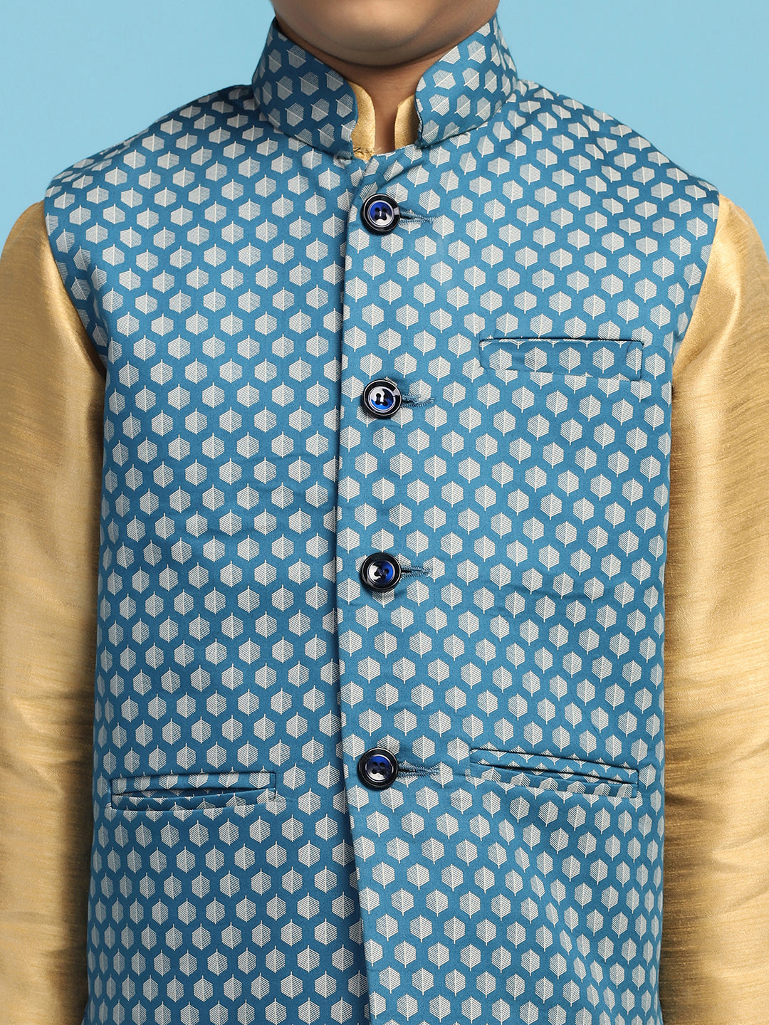 Blue Printed Jacket With Golden Dupion Kurta Set - Tututree
