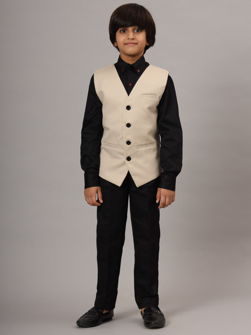 Kids Beige 3 Piece Waistcoat, Shirt And Trousers Set - Tahvo India