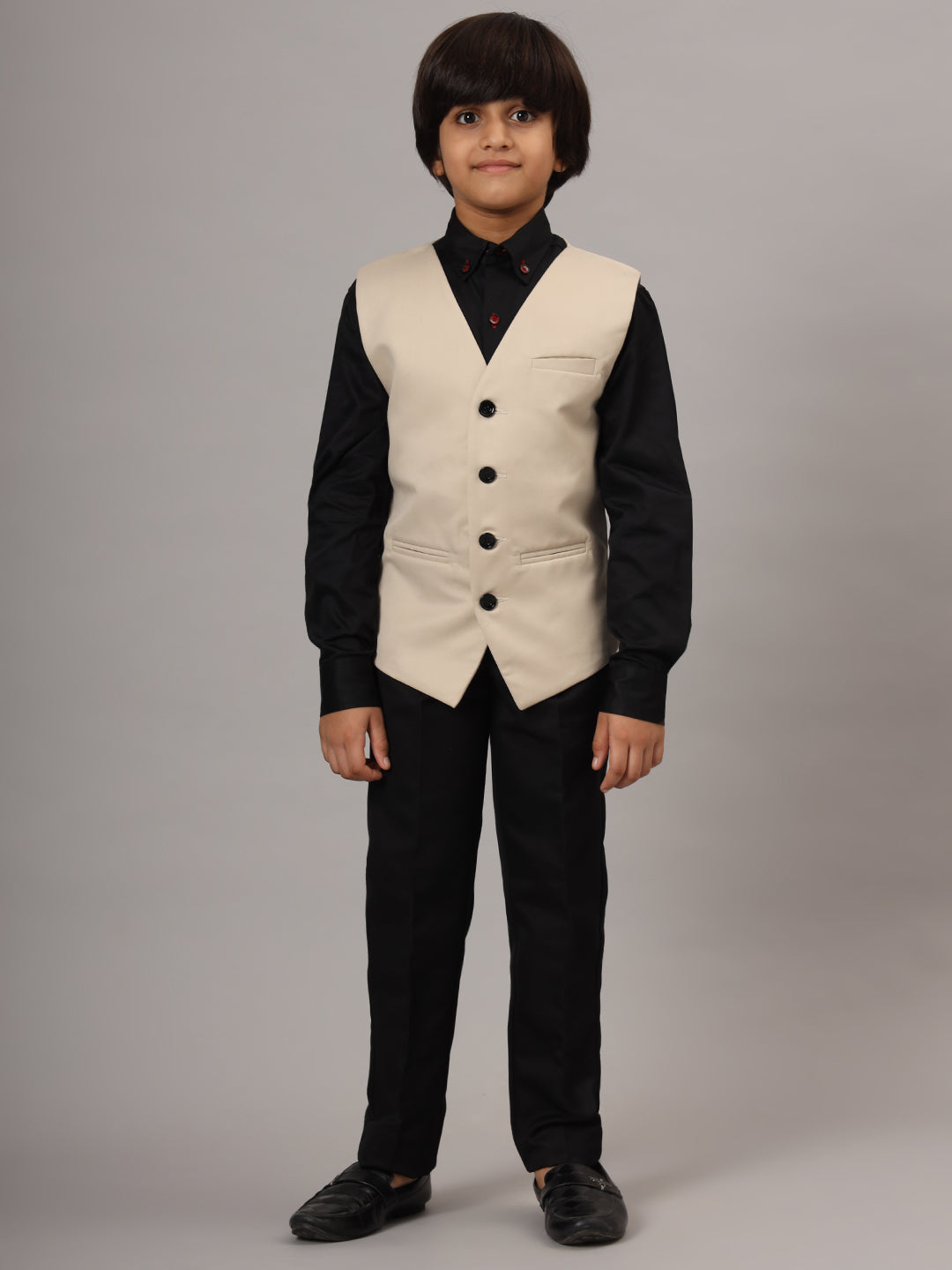 Kids Beige 3 Piece Waistcoat, Shirt And Trousers Set - Tahvo India