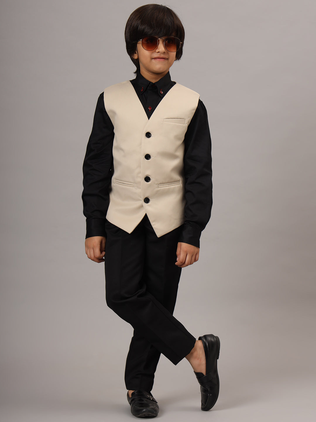 Kids Beige 3 Piece Waistcoat, Shirt And Trousers Set - Tututree