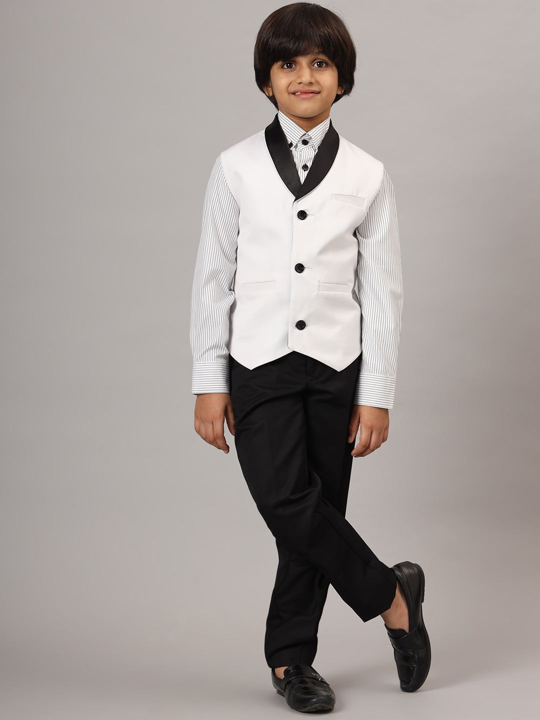 Kids White 3 Piece Waistcoat, Shirt And Trousers Set - Tahvo India