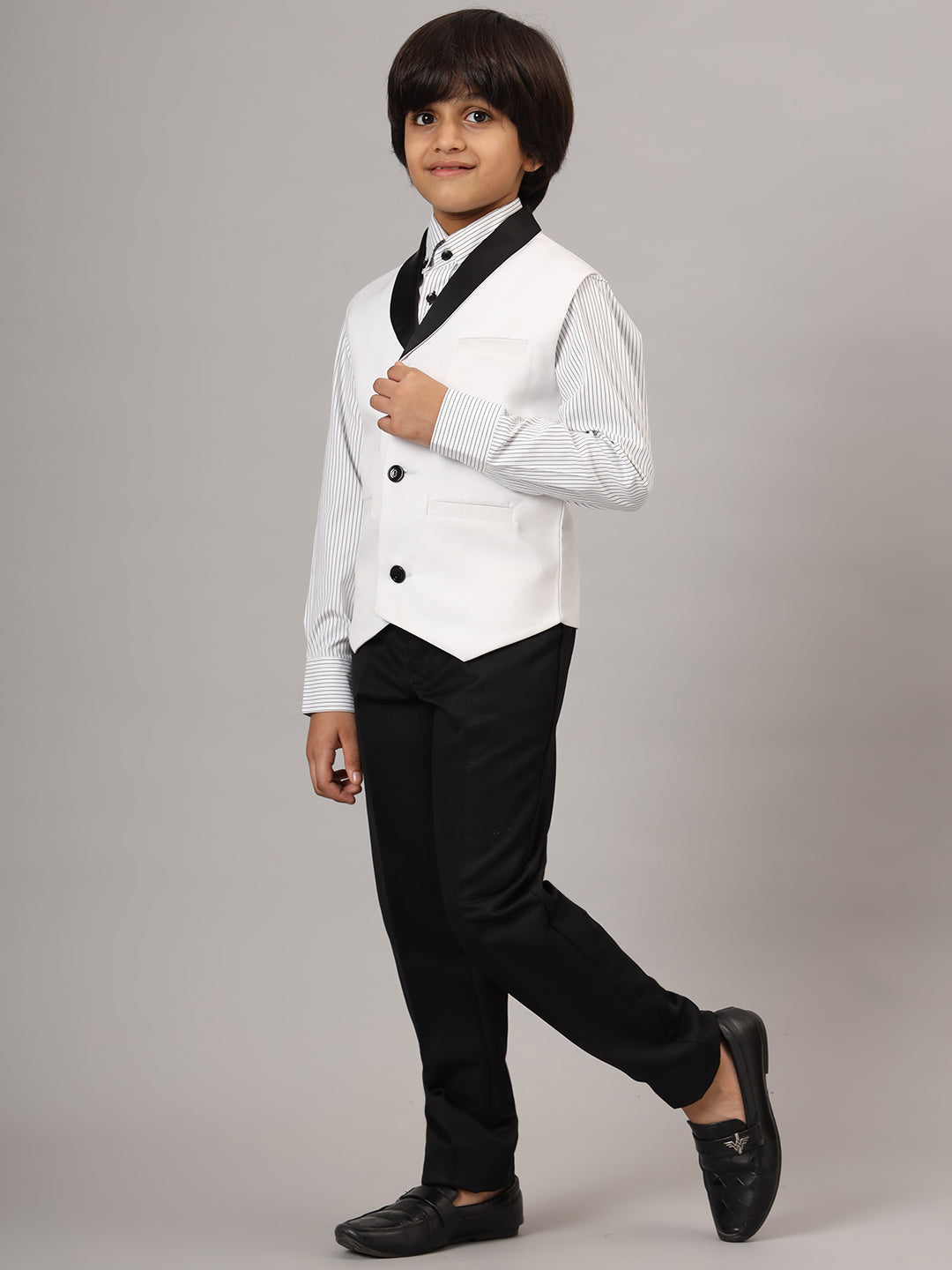 Kids White 3 Piece Waistcoat, Shirt And Trousers Set - Tahvo India
