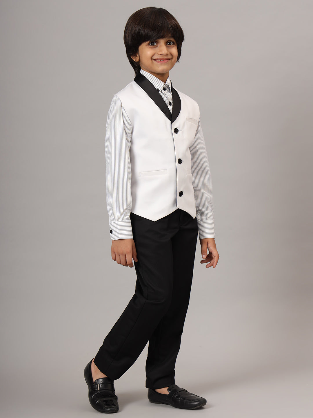 Kids White 3 Piece Waistcoat, Shirt And Trousers Set - Tahvo India